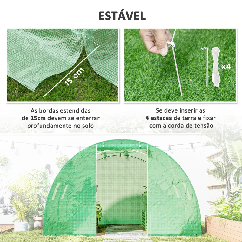 Outsunny Estufa Tipo Túnel 3x3x2 m com Paredes Laterais Enroláveis 4 Janelas de Malha e Porta Enrolável com Fecho de Correr Verde