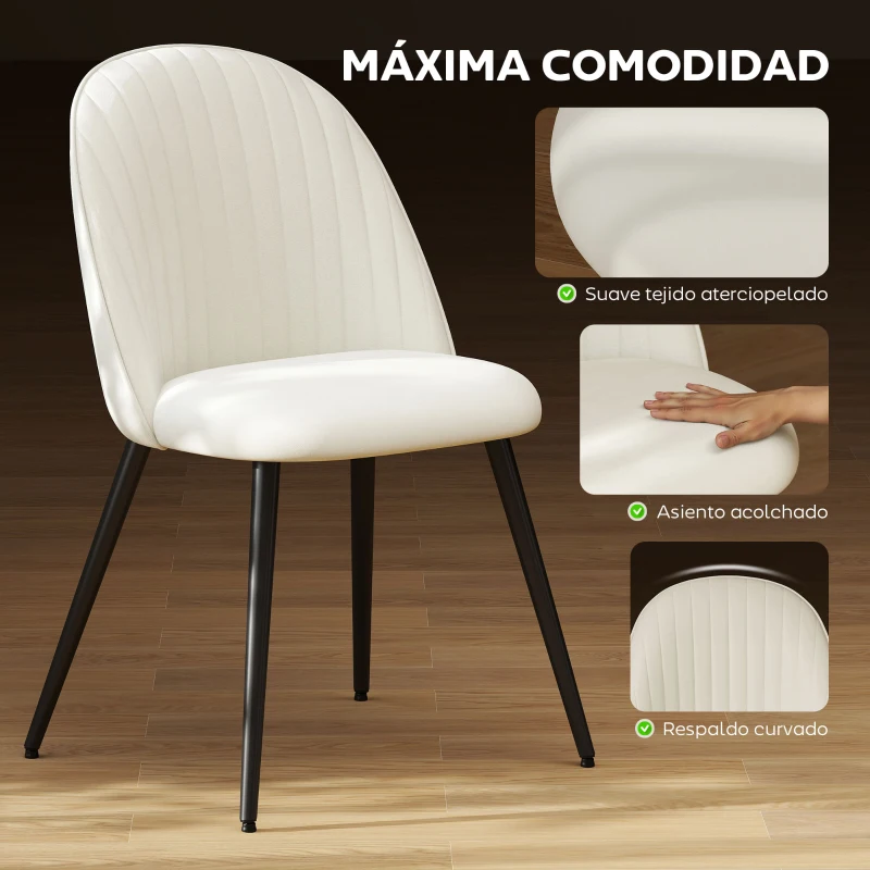 HOMCOM Pack de 4 Sillas de Comedor Modernas Sillas de Cocina Tapizada en Terciopelo con Respaldo Bajo 50x52x83 cm Crema