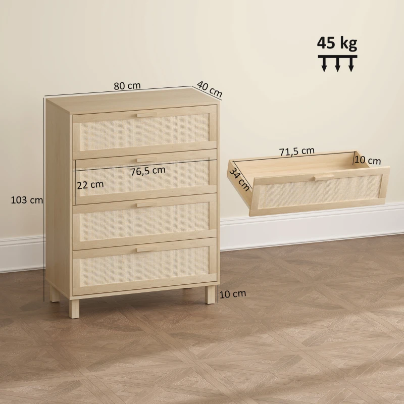 HOMCOM Kommode 4 Schubladen Rattangeflecht Maße 80L x 40l x 103H cm MDF Hellholz-Optik