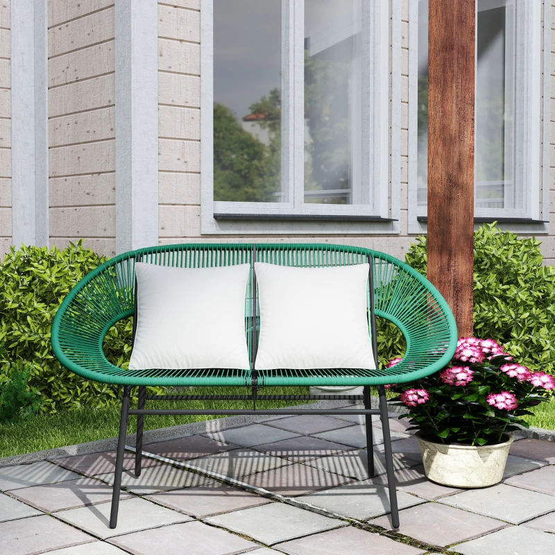 Outsunny Bancă de Grădină 2 Locuri din Răchită PE, Canapea de Exterior cu Perne, Cotiere și Cadru din Oțel, Bancă pentru Terasă și Curte, 132x72x83 cm, Verde Închis