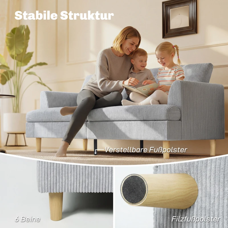 HOMCOM Sofa 3-osobowa, kanapa z podłokietnikami, tapicerowana sofa w sztruksowym stylu do salonu Jasnoszary