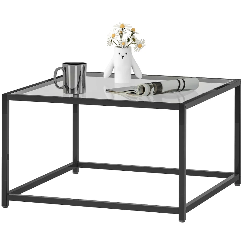HOMCOM Măsuță pătrată noptieră cu blat din sticlă securizată, masă de cafea cu picioare din oțel 68 x 68 x 39 cm Negru