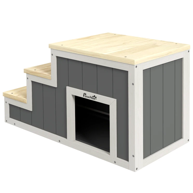PawHut Scară pentru animale de companie Scară pentru câini, 3 trepte, lemn de pin, 79 cm x 38,5 cm x 45 cm, Natural + Alb
