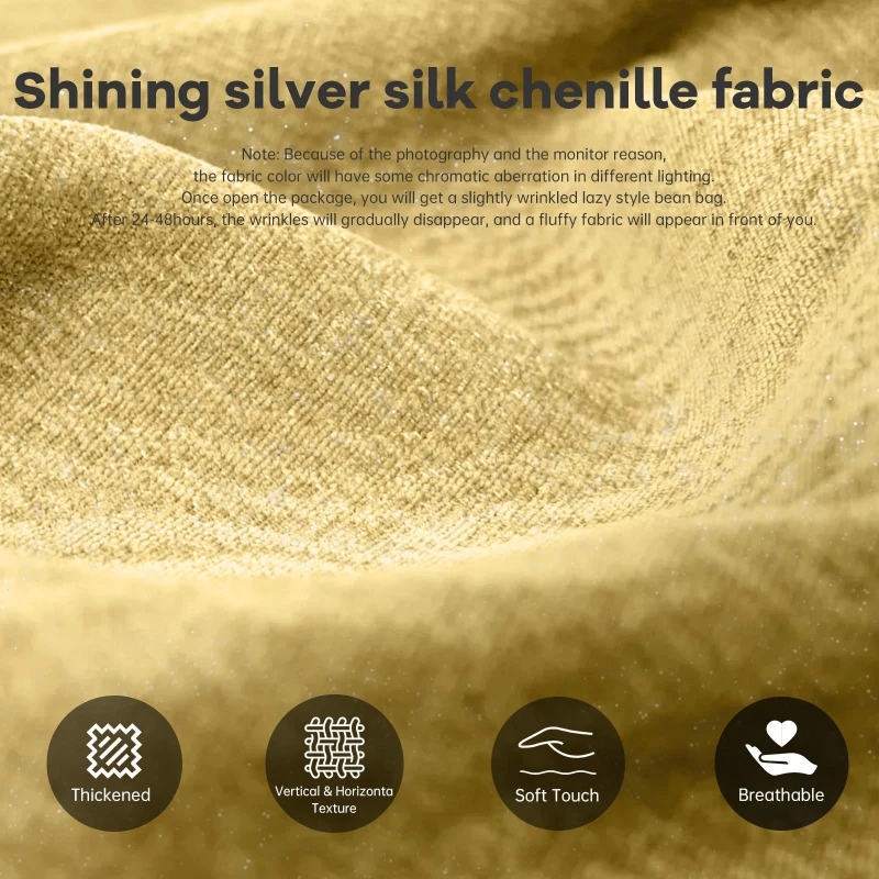 Chenille Bean Bag Lazy Sofa with High-Rebound Sponge, Ergonomic Soft Chair for Family, Children and Pets, 110L x 90W x 67H cm, Yellow