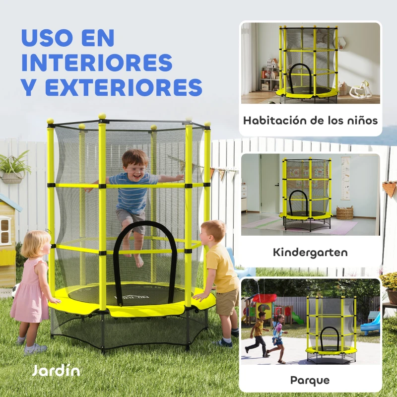 HOMCOM Cama Elástica Infantil Ø140 cm para Niños de 3-10 Años con Red de Seguridad Carga 50 kg para Interior Exterior Amarillo