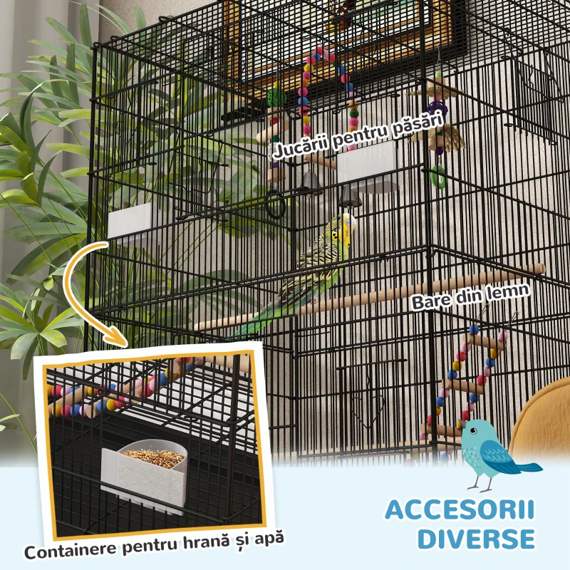 PawHut Colivie pentru Păsări 110 cm, Volieră pentru Perusi, Nimfe, Canari, Agapornis, Cinteze cu Roți, 4 Recipiente, Jucării, Tavă Detașabilă, Raft, Negru