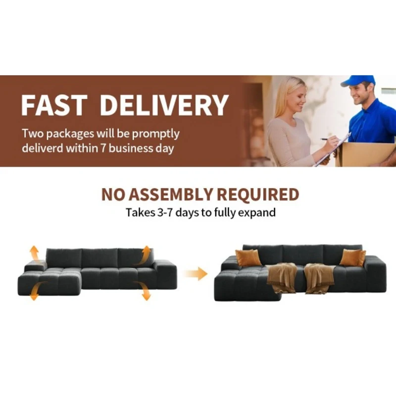 Soft L-Shaped Cloud Sofa with Premium Chenille and High-Resilience Foam, Shape-Retaining Seat with Armrests, 290L x 177W x 62H cm, Black