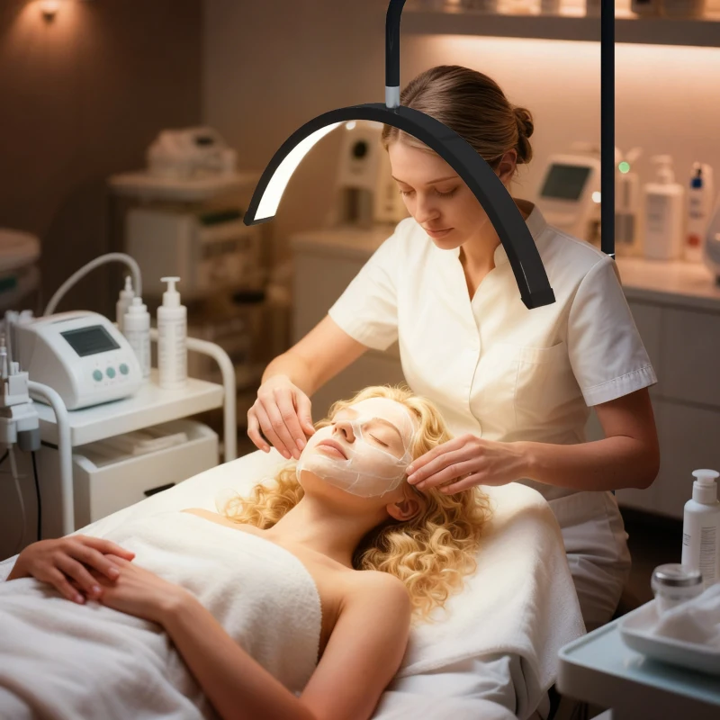 HOMCOM Half Moon Lash Light, Beauty Floor Lamp with 350° Rotatable Head, 7 Colour Temperature and Phone Holder, Dimmable Standing Lamp for Eyelash Extension, Tattoo, Nails, Skincare, Black