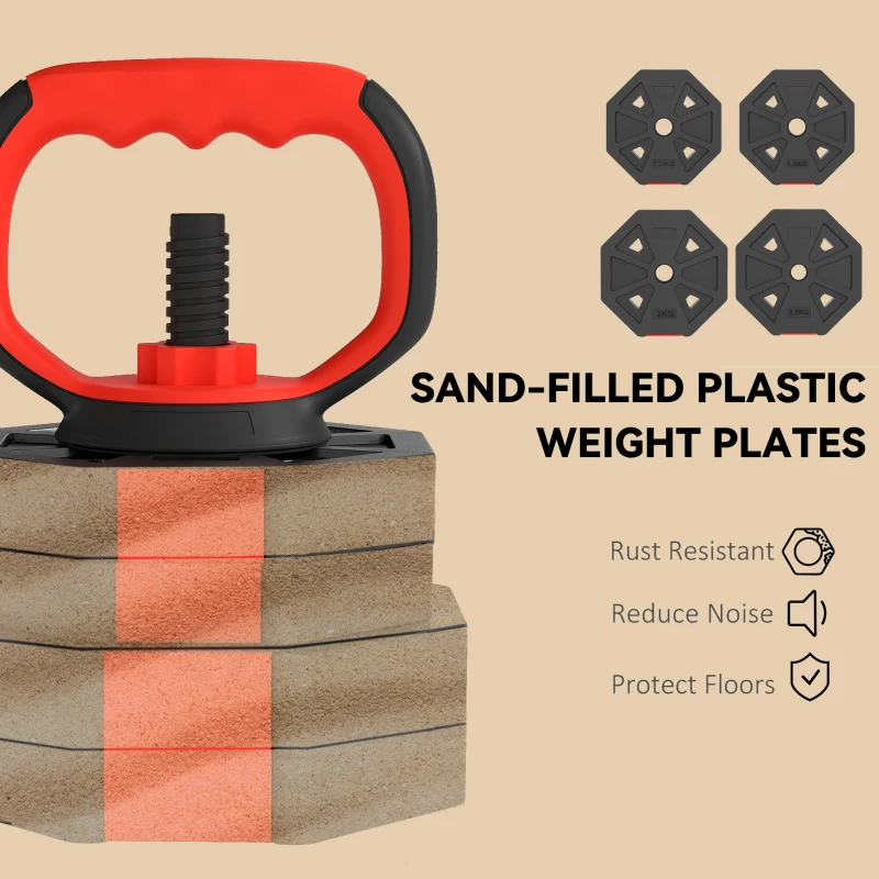 SPORTNOW 6-in-1 Adjustable Weight Dumbbells Set, Used as Kettlebell, Barbell, Dumbbell, Push-Up Stand, 30kg Free Weights Set for Men and Women Home Gym Training, Red