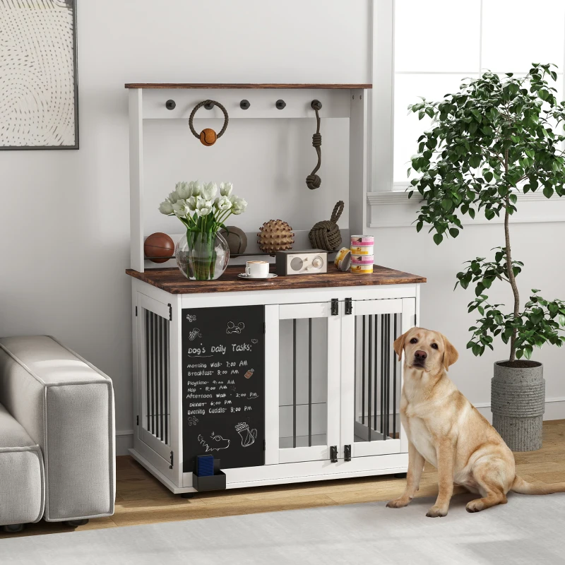 PawHut Hondenkooi met opbergplank voor speelgoed, haken voor lijnen, Krijtbord, Gum, voor grote honden, Wit(m-10)