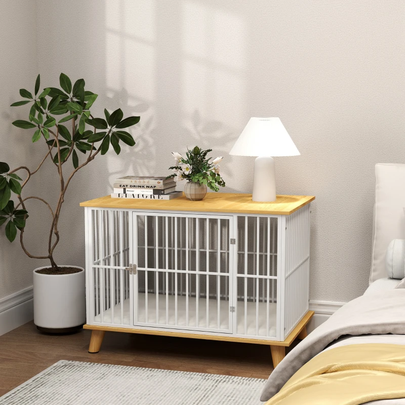 PawHut Cușcă pentru câini cu ușă cu închidere, pernă detașabilă, bună ventilație, oțel, 86x60x70 cm, Alb+Gri