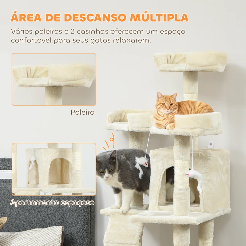 PawHut Arranhador para Gatos Arranhador de Gatos 153 cm com 2 Cavernas 3 Camas 2 Rampas Postes de Sisal e 2 Ratos Pendentes Bege