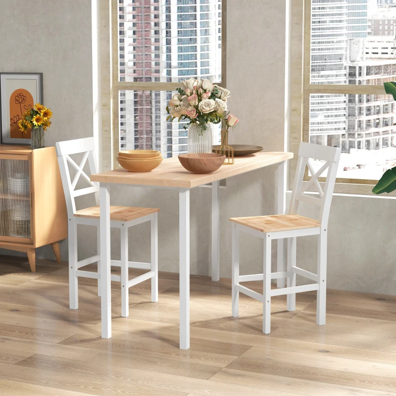 HOMCOM Set de 2 taburete de bar, scaune înalte stil rustic, spătar înalt și suport pentru picioare, 41x46x97,5cm, alb și lemn natural