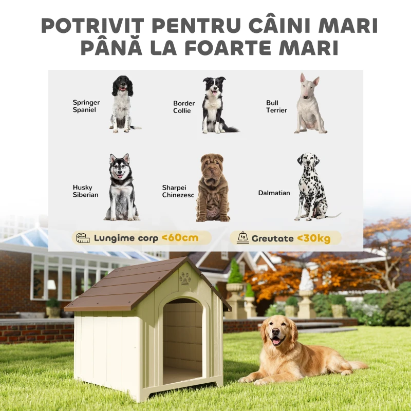 PawHut Căsuță pentru câini de talie medie și mare, ridicată, cu acoperiș înclinat, guri de aerisire și cuie, căsuță din PP, 88x78x89 cm, Bej și Maro Închis