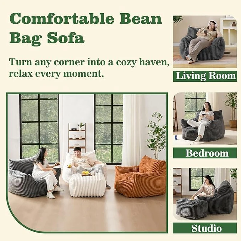 Ultra-Soft Bean Bag Chair with Footrest and High-Density Shredded Foam, Ergonomic Sofa with Breathable Fabric, 117L x 98W x 75H cm, Black