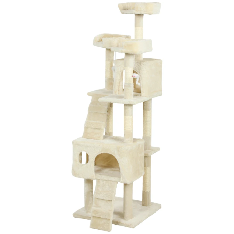 PawHut Árbol Rascador para Gatos Árbol para Gatos 153 cm con 2 Cuevas 3 Camas 2 Rampas Postes de Sisal Ratones Colgantes Crema