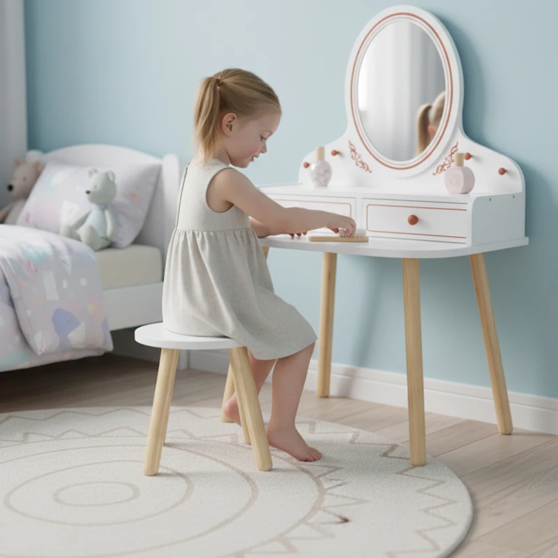 AIYAPLAY Coiffeuse de Maquillage Fille Coiffeuse enfant avec Tabouret et Miroir 2 Tiroirs et Barres Suspendues 3 à 8 Ans Blanc