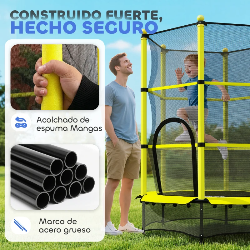 HOMCOM Cama Elástica Infantil Ø140 cm para Niños de 3-10 Años con Red de Seguridad Carga 50 kg para Interior Exterior Amarillo