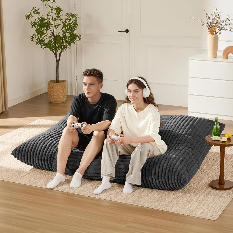 3-In-1 Convertible Bean Bag Chair with Soft Ribbed Corduroy Fabric, Memory Foam Lounger with Removable Cover, 185L x 132W cm, Dark Gray