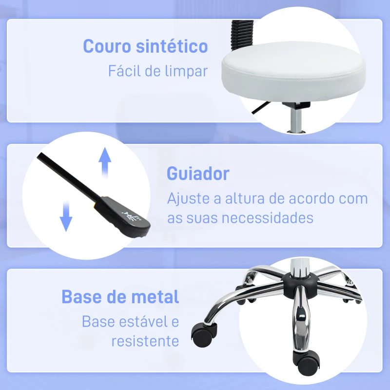 HOMCOM Banco Giratório Banco com Rodas e Encosto Banco de Trabalho com Altura Ajustável 78-93 cm Estofado em Couro Sintético Branco