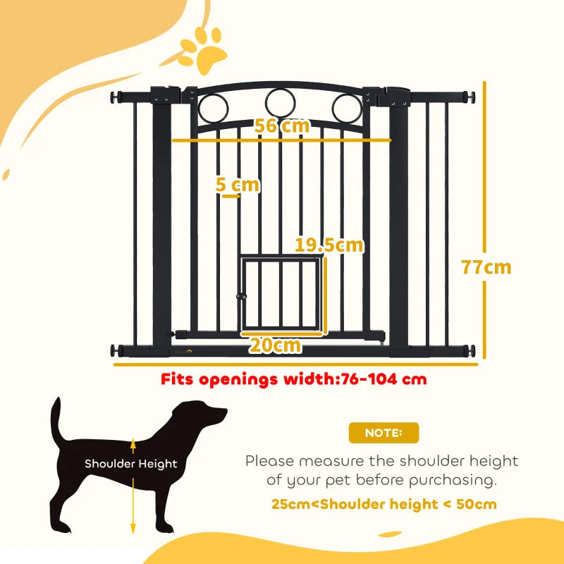 PawHut Poartă pentru animale de companie, grilaj pentru scări 77 cm, lățime reglabilă 76-104 cm, cu ușă pentru pisici, pentru scări și deschideri de ușă, Negru