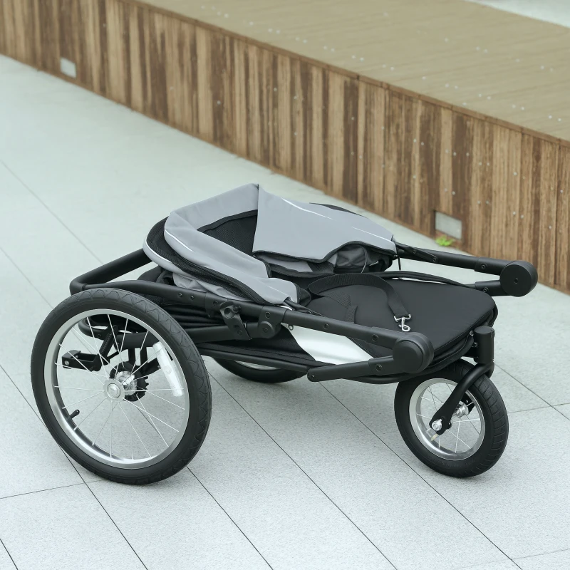 PawHut Cărucior pentru câini 3 roți cu pliere ușoară, buzunar de depozitare, pernă moale, lesă de siguranță, gri