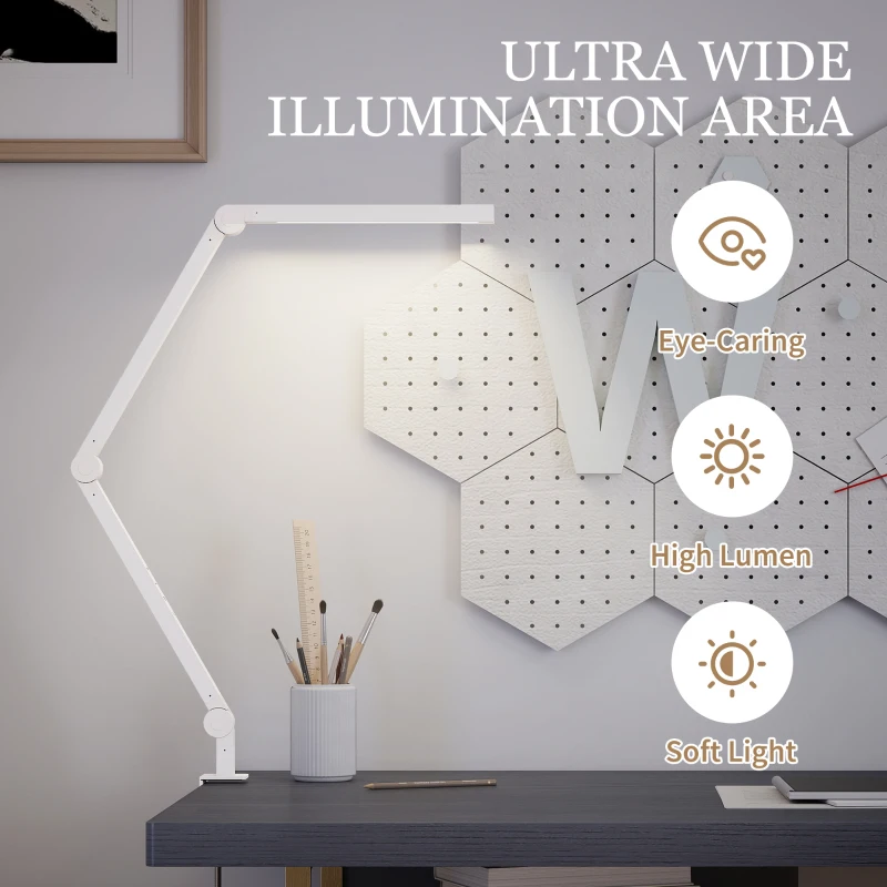 HOMCOM LED Desk Lamp, Dimmable Desk Light with Swing Arm and Clamp, Adjustable Eye-Caring Table Lamp with 2 Colour Modes & 5 Brightness Levels for Study, Drawing, Office, Architect, Task, White