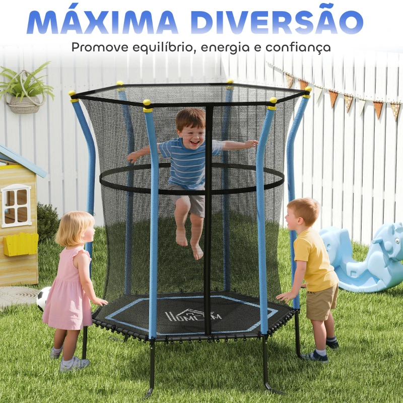 HOMCOM Trampolim para Crianças Cama Elástica Infantil com Rede de Segurança para Interiores e Exteriores Carga 50 kg Ø163,5x190 cm Azul
