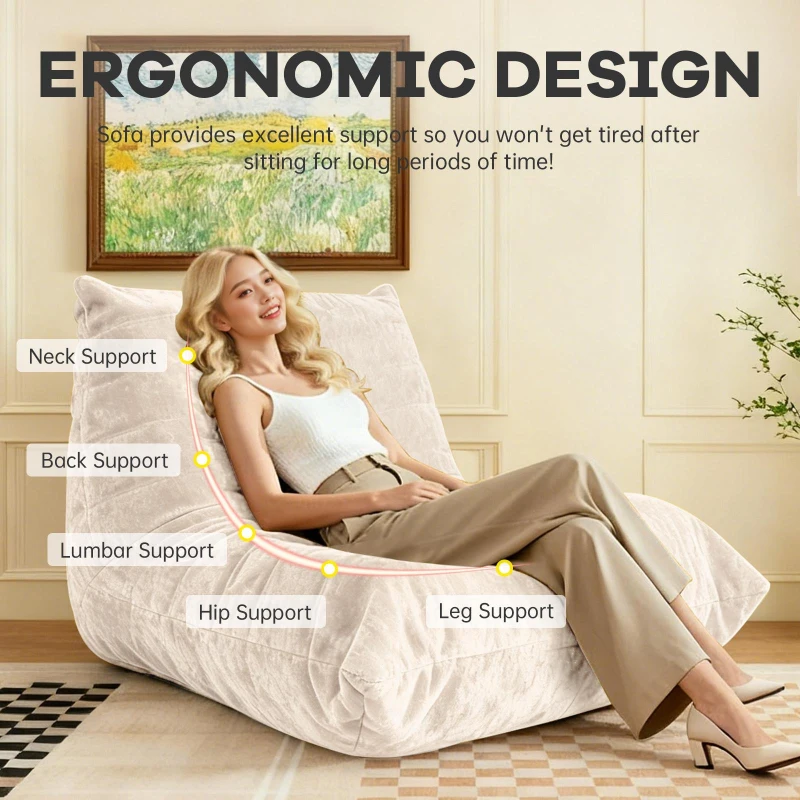 Soft Bean Bag Lazy Sofa with Ergonomic Full-Body Support, Couch with High-Rebound, Stain-Resistant Sponge, 110L x 90W x 67H cm, White