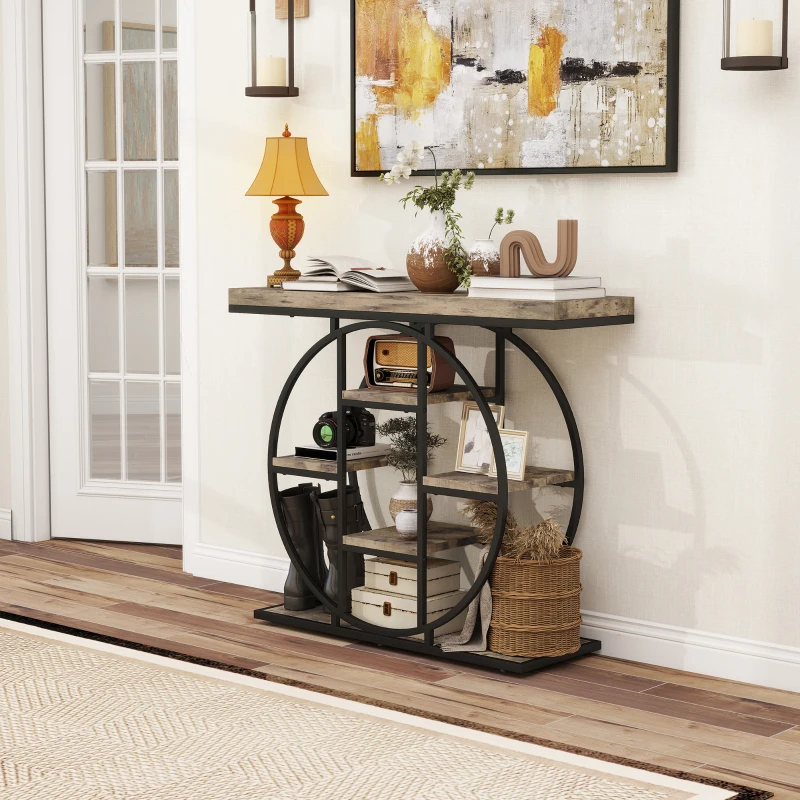 HOMCOM Industrial Console Table with Storage Shelves - Rustic Brown