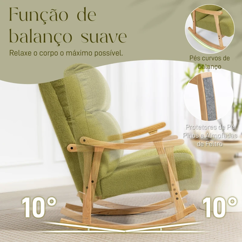 HOMCOM Poltrona Baloiço Moderna em Borrego com Apoio para os Braços de Madeira de Faia Poltrona de Amamentação 65x90x98 cm Verde claro