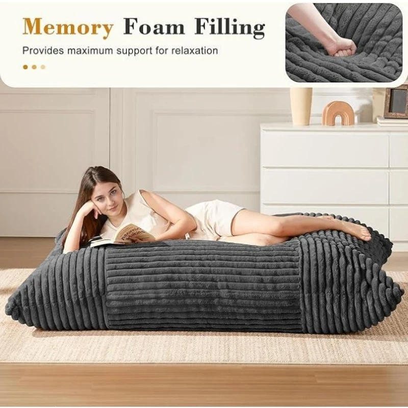 3-In-1 Convertible Bean Bag Chair with Soft Ribbed Corduroy Fabric, Memory Foam Lounger with Removable Cover, 185L x 132W cm, Dark Gray