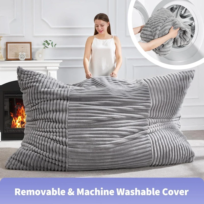 3-In-1 Convertible Bean Bag Chair with Corduroy Fabric, Memory Foam Lounger with Removable, Washable Cover, 185L x 132W cm, Light Gray