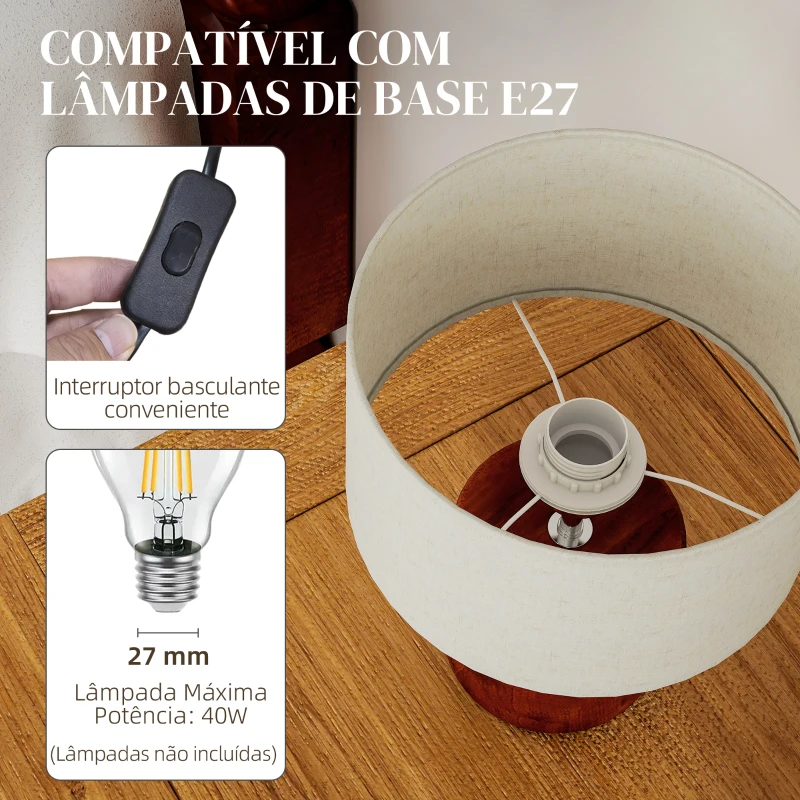 HOMCOM Candeeiro de Mesa Rústico com Base de Madeira Ecrã de Linho Interruptor Basculante E27 40W Ø20x27 cm Madeira e Bege