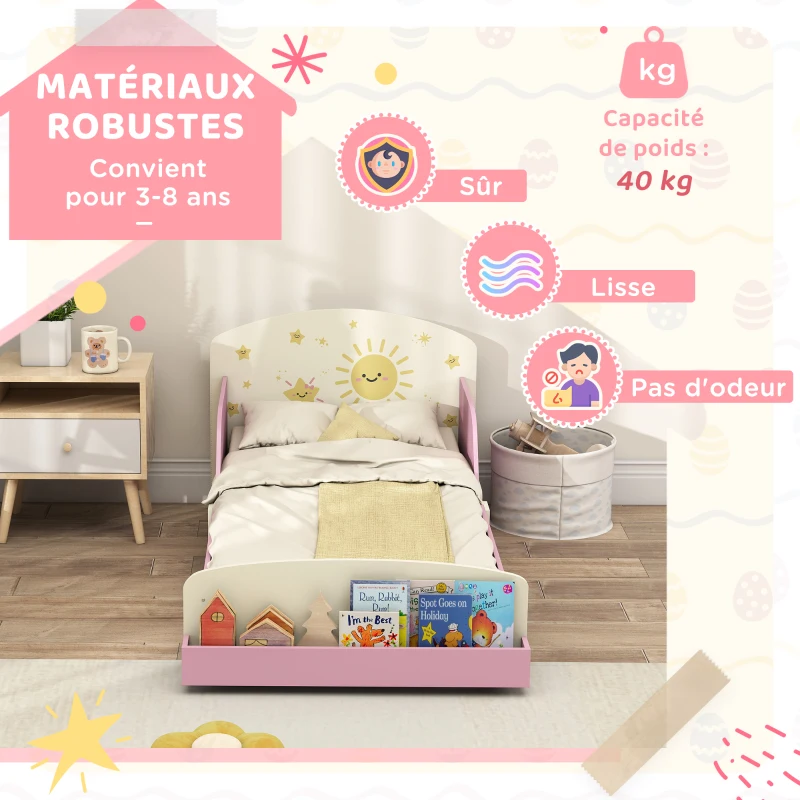 AIYAPLAY Lit enfant 70 x 140 cm, lit pour enfant avec barriere de securite et sommier à lattes, espace de rangement, rose