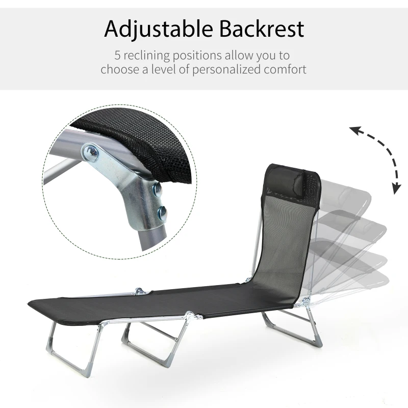 Outsunny Șezlong Pliabil cu Spătar Reglabil pe 5 Nivele și Pernă, Șezlong de Grădină cu Material Respirabil Textilen, pentru Plajă, Piscină, Grădină, 182x56x28 cm, Negru