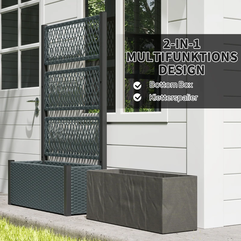 Outsunny Hochbeet mit Rankgitter in Rattan-Optik Pflanzkasten Blumenkasten mit Rankhilfe 90 x 35 x 148cm Dunkelgrau