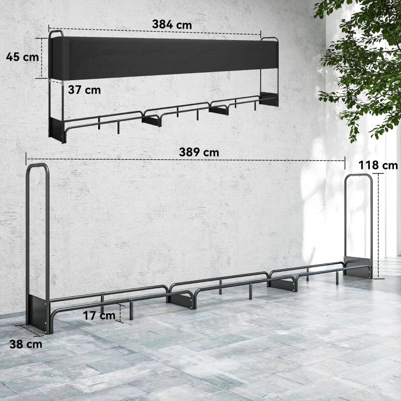 Outsunny Range bûches extérieur, abri bois de chauffage couverture imperméable 600D Oxford charge 300 kg 389 x 38 x 118 cm noir