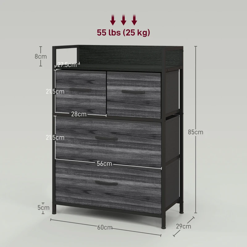HOMCOM Comodă, Bufet, 4 sertare din material textil, Design industrial, 60x29x85cm, Negru