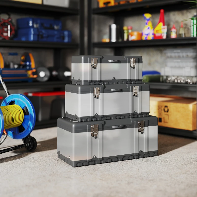 HOMCOM Set de 3 cutii pentru scule, oțel inoxidabil, plastic, culoare argintie