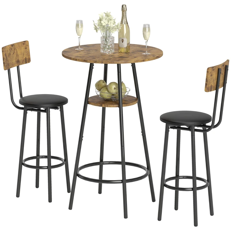 HOMCOM Set de 3 piese pentru masă de bar cu 2 taburete tapițate, tapițerie din piele ecologică, spătar, cadru metalic, maro