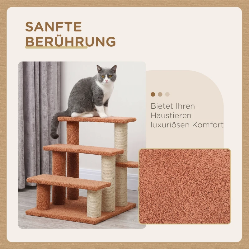 PawHut Kratzbaum, Haustiertreppe, 3 Stufen, Spielball, bis 5 kg, 45x40x48cm, Braun