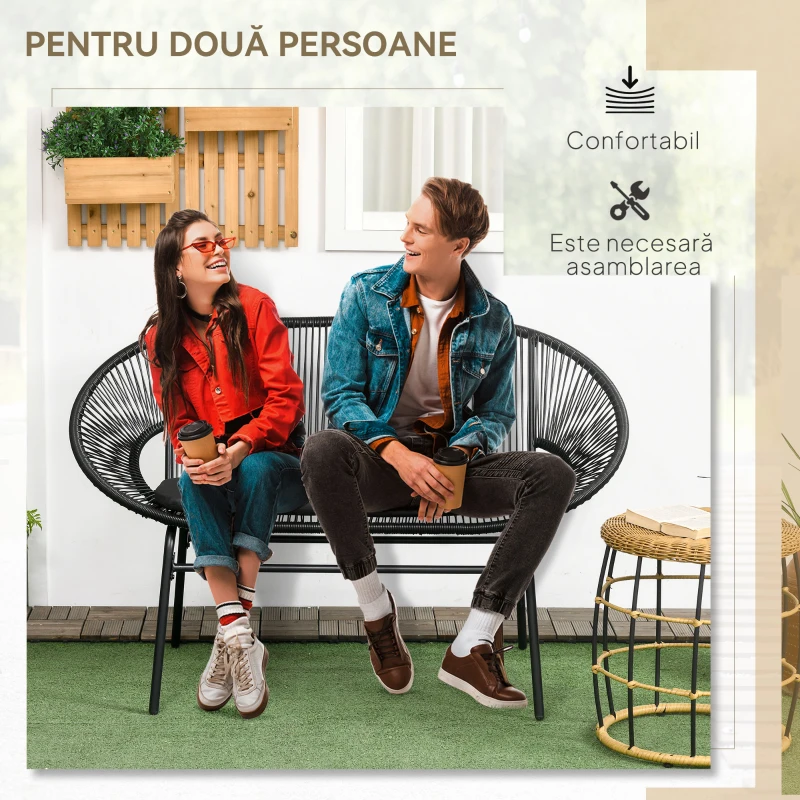 Outsunny Bancă Acapulco cu Brațe, Perne și Cadru din Oțel, Greutate Maximă 260 kg pentru Balcon, Terasă, Grădină 132x72x83 cm Negru