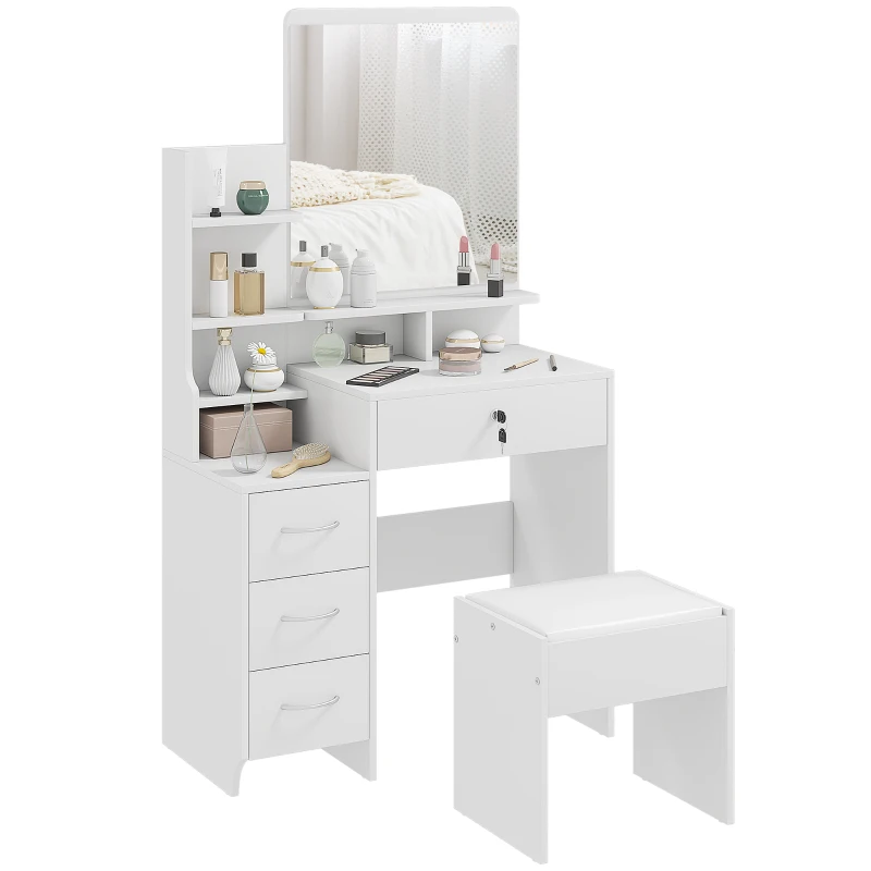 HOMCOM Ensemble de coiffeuse avec tabouret rembourré grand miroir + plusieurs étagères ouvertes + 4 tiroirs blanc