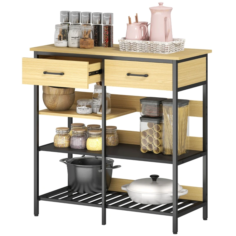 HOMCOM Sideboard, comodă cu 2 sertare, 3 rafturi deschise dulap de bucătărie pentru bucătărie, living 90 x 40 x 91 cm, lemn natural