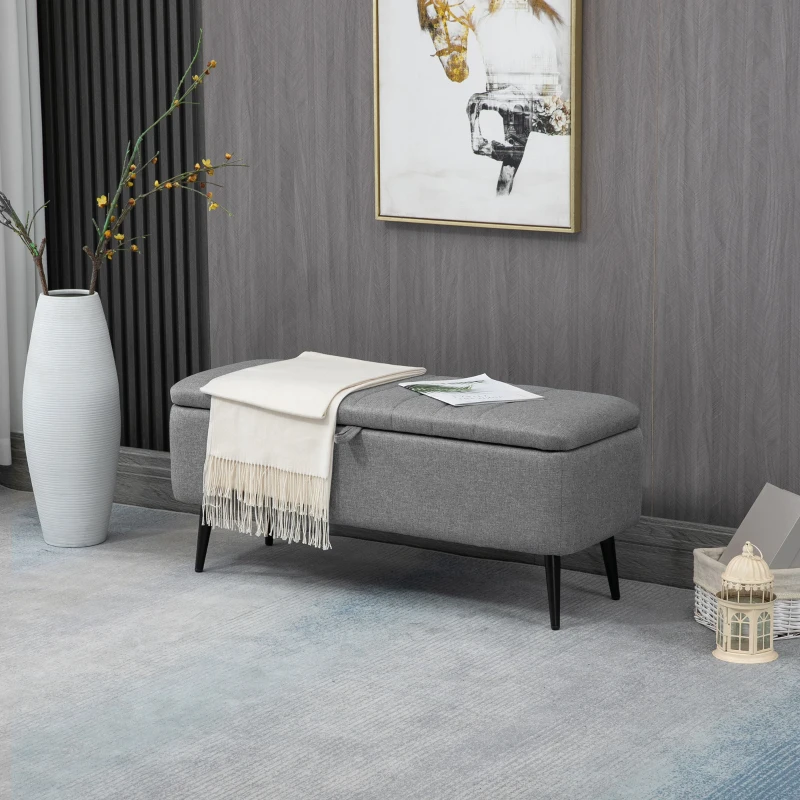 HOMCOM Bancă cu spațiu de depozitare, bancă tapițată cu aspect de in, cutie de depozitare cu picioare din oțel 102 x 40 x 44 cm, Gri