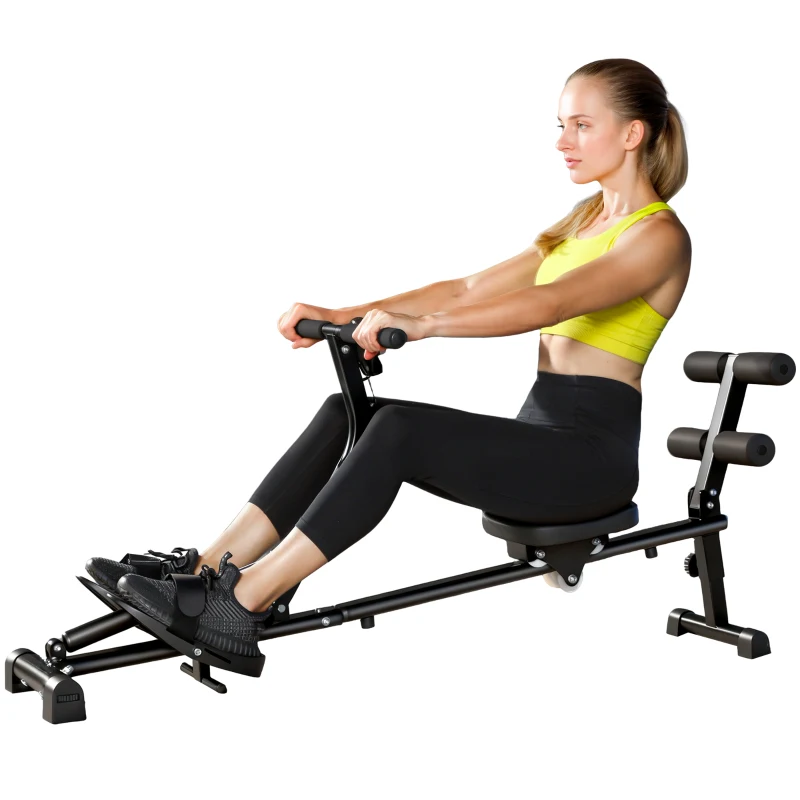SPORTNOW Aparat de vâslit, aparat pentru sit-up, reglabil în 12 trepte, aparat cardio 2-în-1, afișaj LCD, oțel, plastic, negru