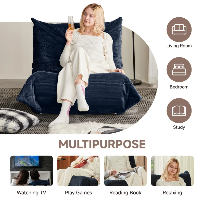 Cosy Corduroy Floor Chair with Neck and Legs Support and Deepened Seat, Sturdy Backrest with Extra-Thick, 105L x 95W x 85H cm, Blue