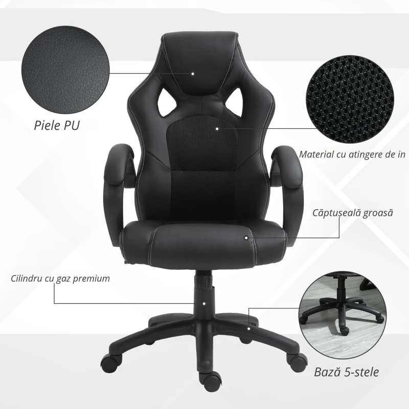 HOMCOM Scaun pentru birou,cu roti rotative la 360°, scaun gaming, inaltimea reglabila, Negru