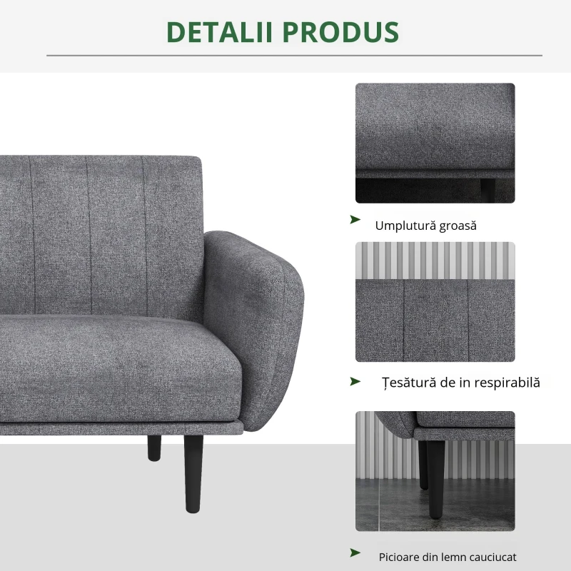 HOMCOM Canapea Extensibilă cu Spătar Rabatabil pe 3 Niveluri și 3 Locuri, Canapea Modernă din Material și Lemn, 208x84x82 cm